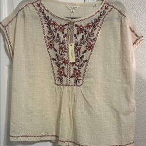 Madewell Cream Blouse with Red Embroidery